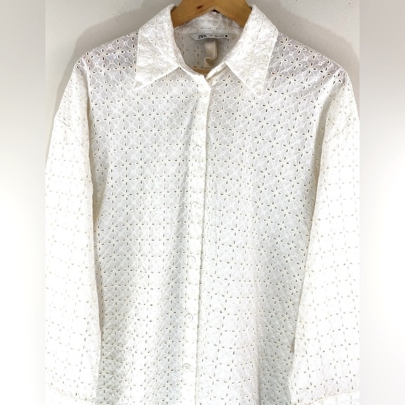Zara Oversized Cotton Shirt with Openwork Eyelet Embroidery – Size L - Picture 14 of 14